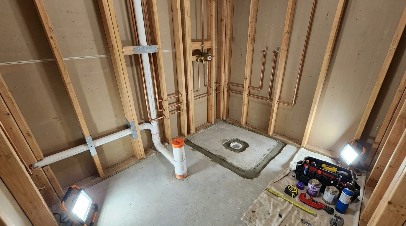 Bathroom rough-in plumbing during remodel by Johns Plumbing LLC in Santa Isabel