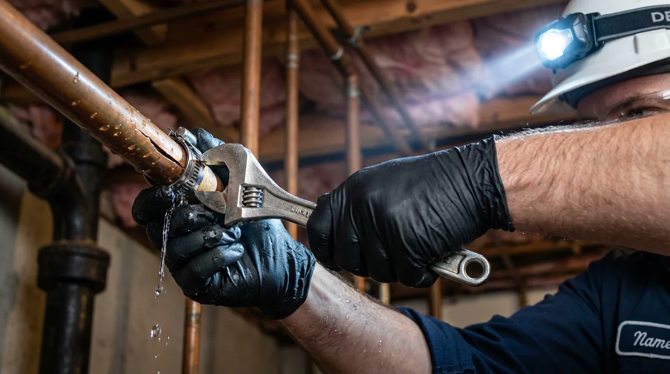 Emergency pipe clamp repair being performed by a Johns Plumbing LLC plumber in Santa Isabel