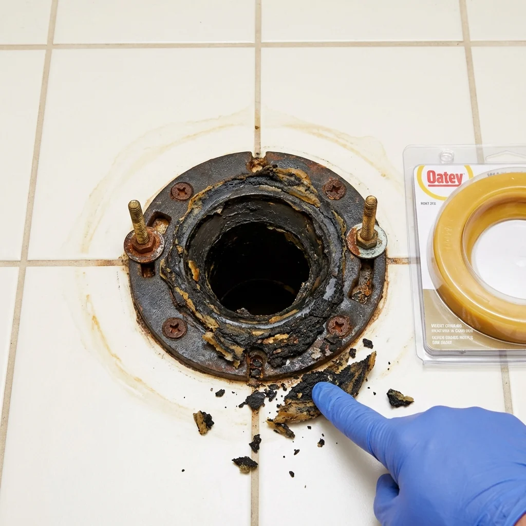 Failed wax ring showing water seepage at the base of a toilet in a Santa Isabel, PR home
