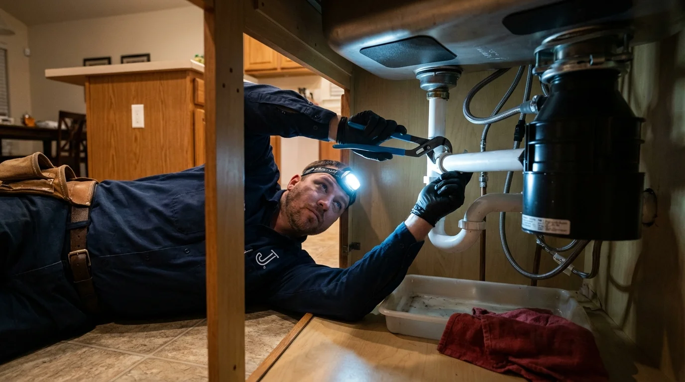 P-trap and supply line connections under a kitchen sink showing a common leak point in Santa Isabel, PR
